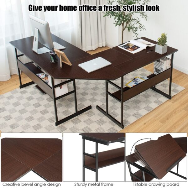 Costway L-Shaped Computer Desk Drafting Table Workstation w/ Tiltable Tabletop - Image 5