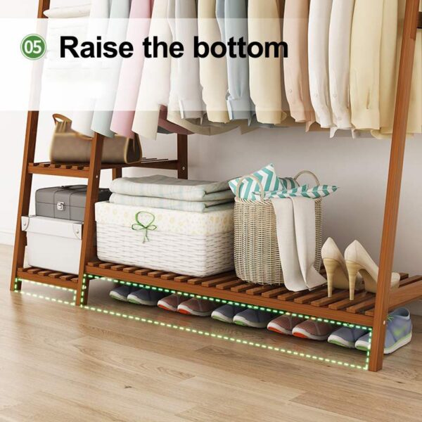 7 Shelves Bamboo Coat Rack Floor Shelf Stand with Multifunction 5-tier Storage Rack Organizer Garment Clothes Holder Shelves - Image 4