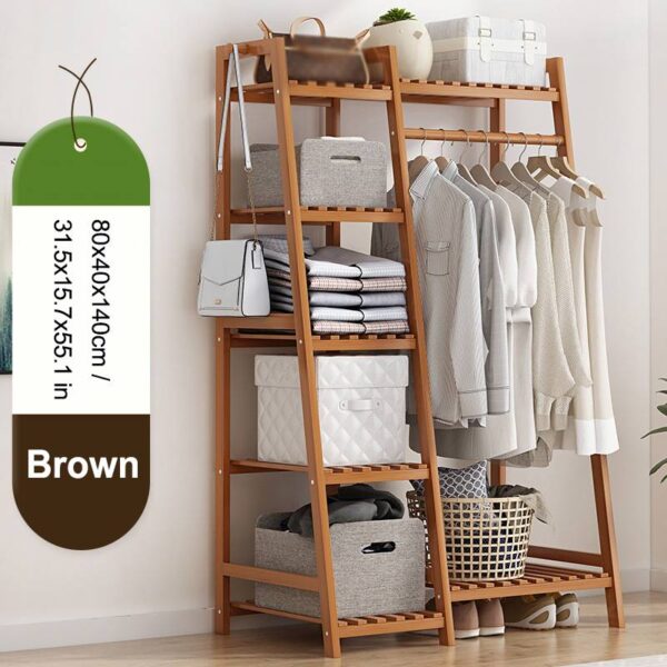 7 Shelves Bamboo Coat Rack Floor Shelf Stand with Multifunction 5-tier Storage Rack Organizer Garment Clothes Holder Shelves - Image 3