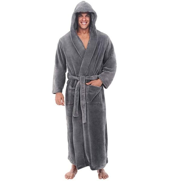 Men's Autumn Winter Thick Long-sleeved Bathrobe Comfortable Hooded Robe Nightgown Bath Gown - Image 9