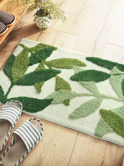 Green Leaves Flocking Bath Mat Non-slip Absorbent Microfiber Bathroom Rug