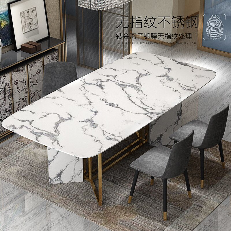 Post-modern light luxury marble dining table Gold-plated stainless steel dining table and chair rectangle table - Image 4