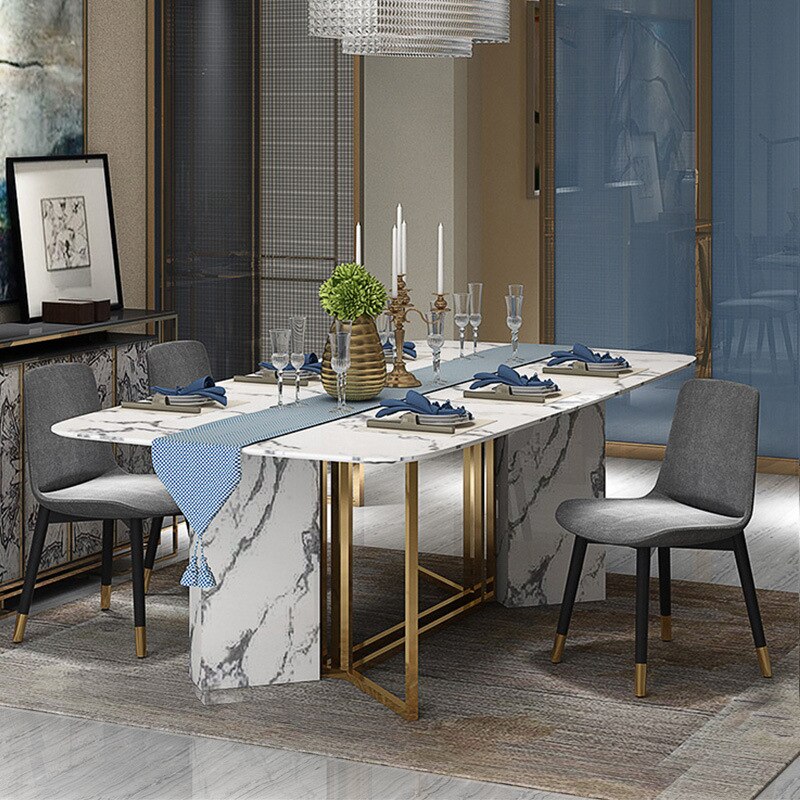 Post-modern light luxury marble dining table Gold-plated stainless steel dining table and chair rectangle table - Image 2