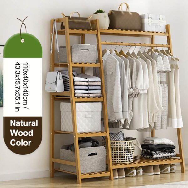 7 Shelves Bamboo Coat Rack Floor Shelf Stand with Multifunction 5-tier Storage Rack Organizer Garment Clothes Holder Shelves - Image 2