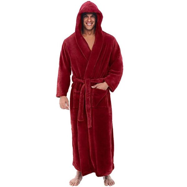 Men's Autumn Winter Thick Long-sleeved Bathrobe Comfortable Hooded Robe Nightgown Bath Gown - Image 4