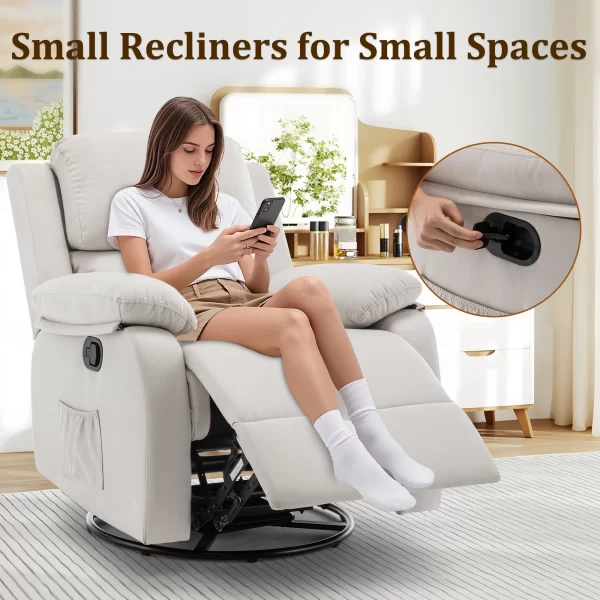 Recliner Chair, 360 Swivel Rocker Chair for Adults, Small Rocking Recliner for Small Spaces, Upholstered Fabric Glider Recliner - Image 6