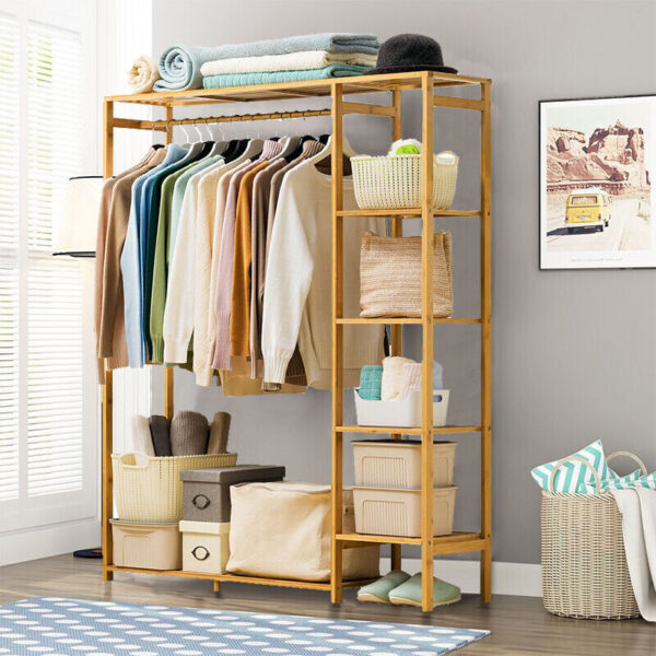 Bamboo Wood Clothing Garment Rack with Shelves Clothes Hanging Rack Stand for Child Kids Adults Cloth Shoe Coat Storage Organize - Image 6