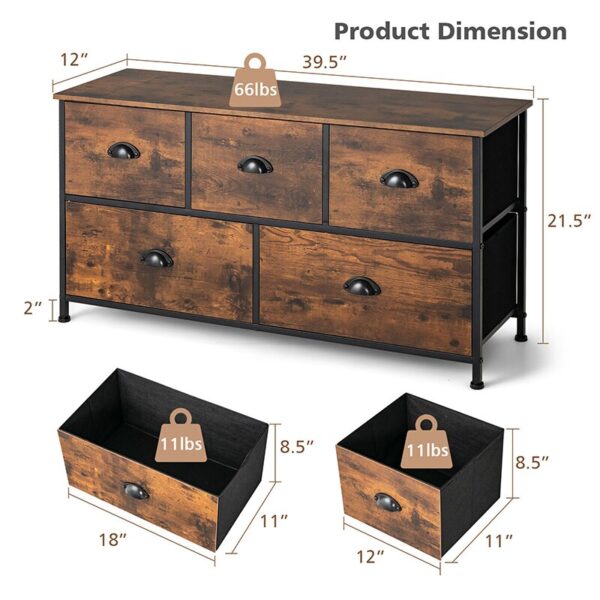 Dresser Organizer with 5 Drawers and Wooden Top TV Stand Wide Chest of Drawers Fabric Bins Storage Organizer for Living Room - Image 7
