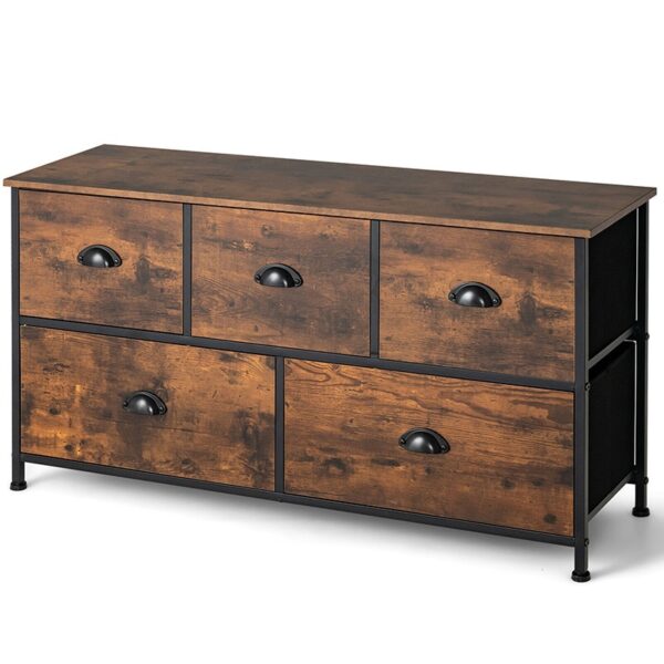 Dresser Organizer with 5 Drawers and Wooden Top TV Stand Wide Chest of Drawers Fabric Bins Storage Organizer for Living Room - Image 6