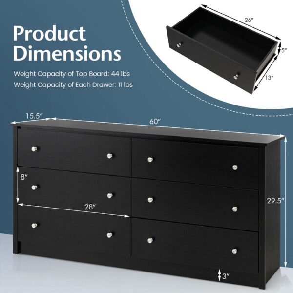 Costway 6-Drawer Double Dresser Wide Storage Cabinet w/Mental Knobs Closet Organizer - Image 6