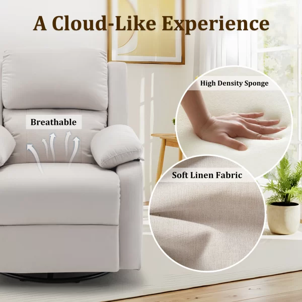 Recliner Chair, 360 Swivel Rocker Chair for Adults, Small Rocking Recliner for Small Spaces, Upholstered Fabric Glider Recliner - Image 4