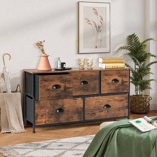 Dresser Organizer with 5 Drawers and Wooden Top TV Stand Wide Chest of Drawers Fabric Bins Storage Organizer for Living Room - Image 5