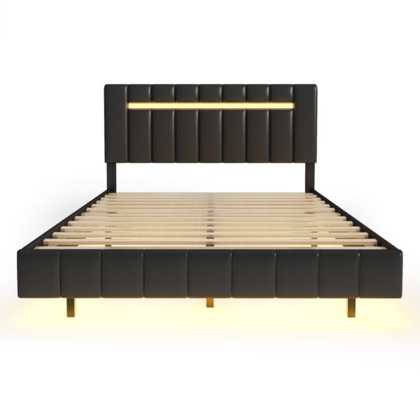 Queen Size Floating Bed Frame with LED Lights and USB Charging,Modern Upholstered Platform - Image 2