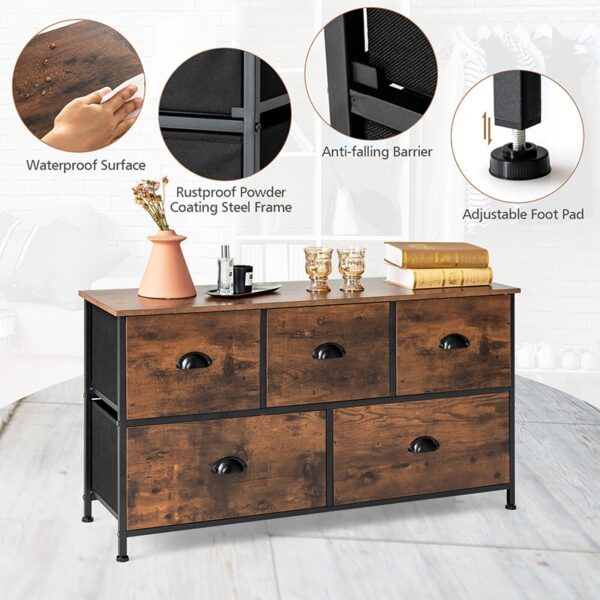 Dresser Organizer with 5 Drawers and Wooden Top TV Stand Wide Chest of Drawers Fabric Bins Storage Organizer for Living Room - Image 4