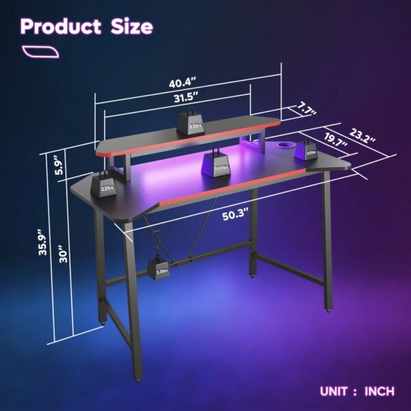 50.3" Gaming Desk Computer Office Table with LED Lights - Image 4