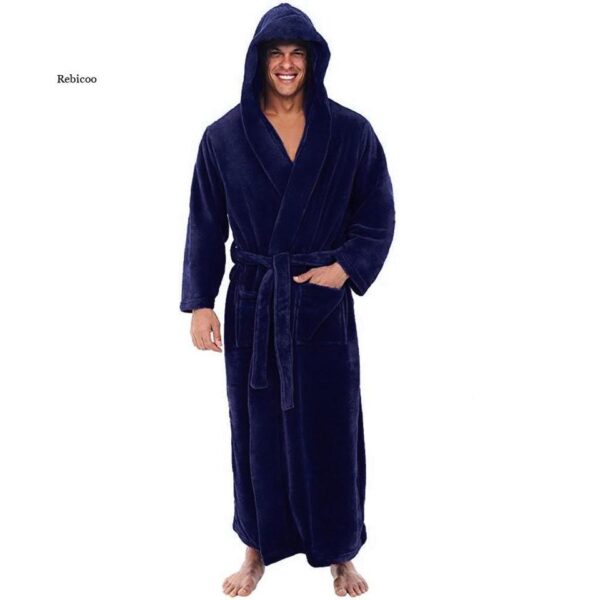 Men's Autumn Winter Thick Long-sleeved Bathrobe Comfortable Hooded Robe Nightgown Bath Gown - Image 3