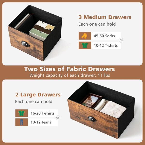 Dresser Organizer with 5 Drawers and Wooden Top TV Stand Wide Chest of Drawers Fabric Bins Storage Organizer for Living Room - Image 2