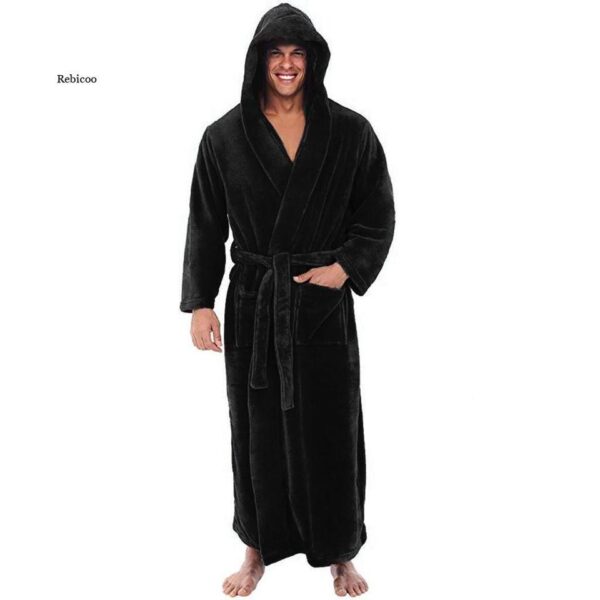Men's Autumn Winter Thick Long-sleeved Bathrobe Comfortable Hooded Robe Nightgown Bath Gown - Image 5