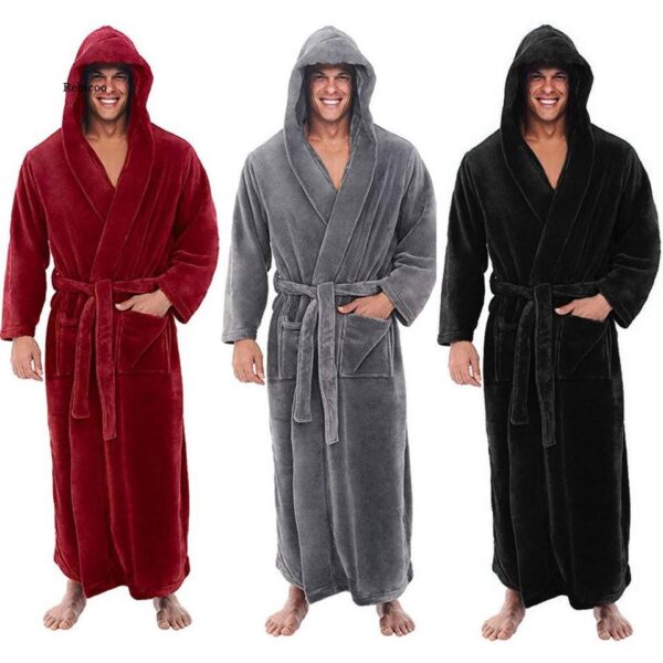 Men's Autumn Winter Thick Long-sleeved Bathrobe Comfortable Hooded Robe Nightgown Bath Gown