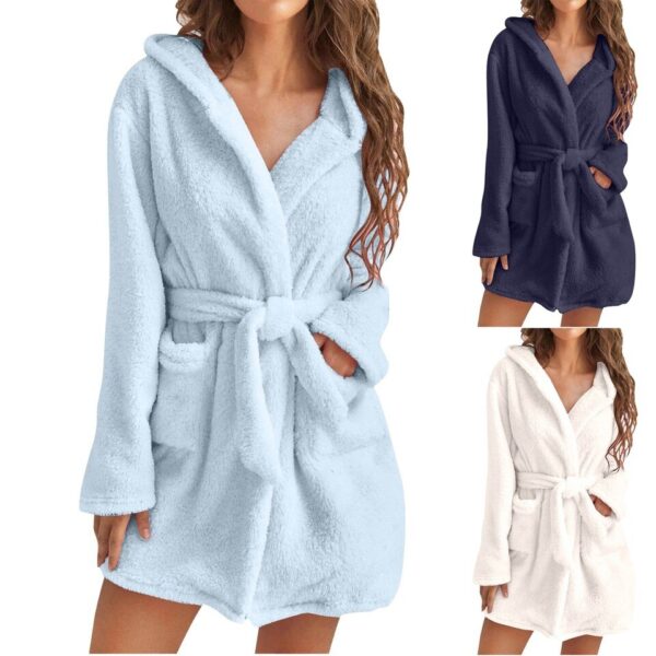 Women Winter Plush Thermal Long Bath Robe Lengthened Shawl Hooded Bathrobe Warm Kimono