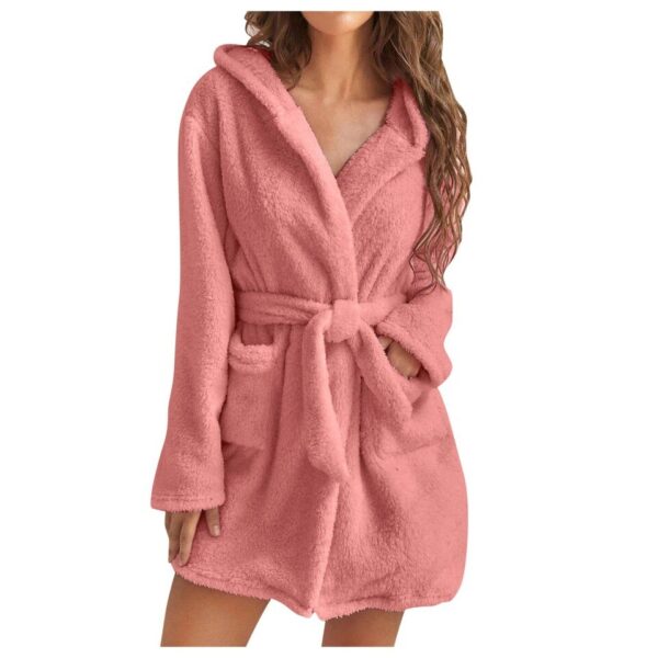 Women Winter Plush Thermal Long Bath Robe Lengthened Shawl Hooded Bathrobe Warm Kimono - Image 4