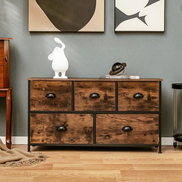 Dresser Organizer with 5 Drawers and Wooden Top TV Stand Wide Chest of Drawers Fabric Bins Storage Organizer for Living Room