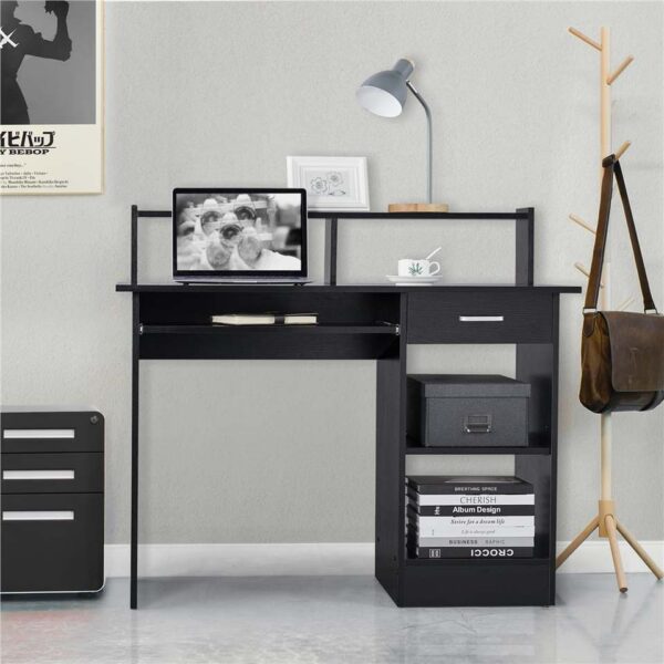 Wooden Home Office Computer Desk with Drawers and Keyboard Tray, Black