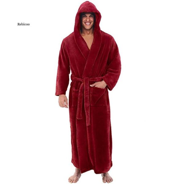 Men's Autumn Winter Thick Long-sleeved Bathrobe Comfortable Hooded Robe Nightgown Bath Gown - Image 8